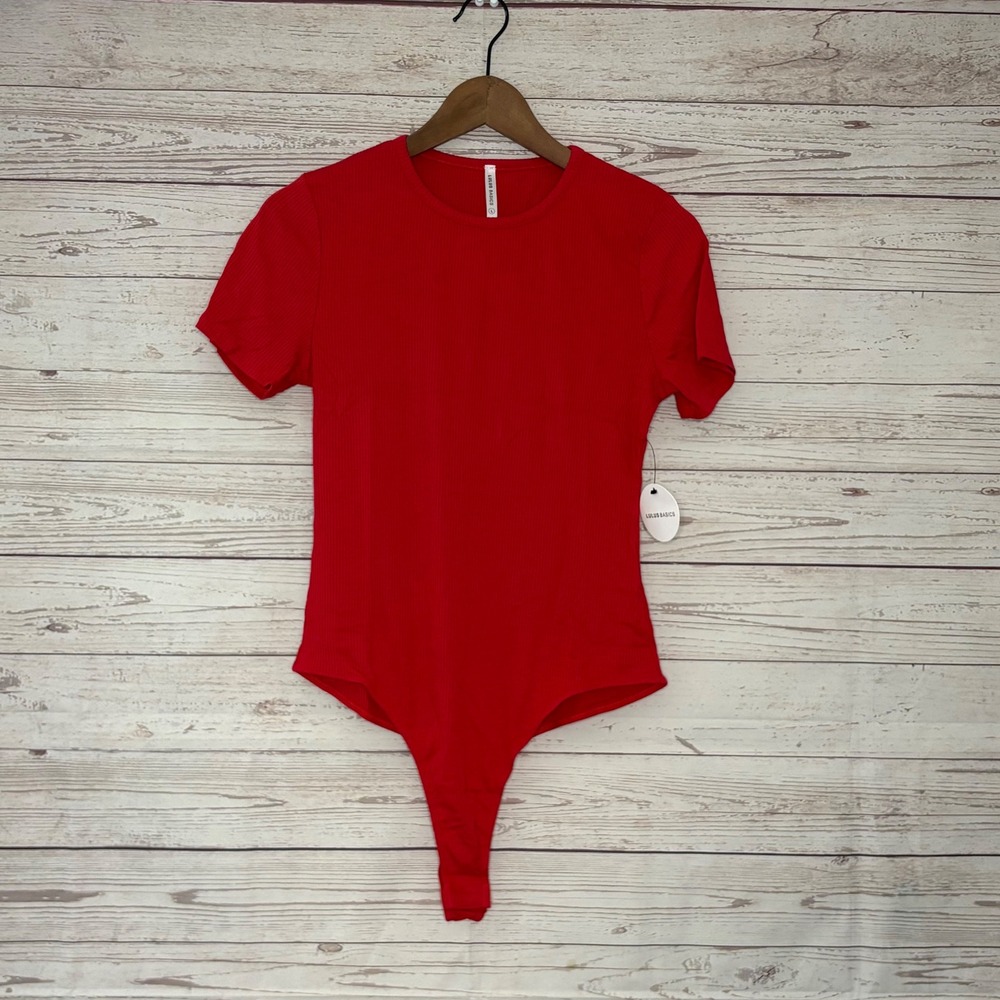 Lulus Basics Red Ribbed Short Sleeve Crew Neck Thong Bodysuit NWT Large